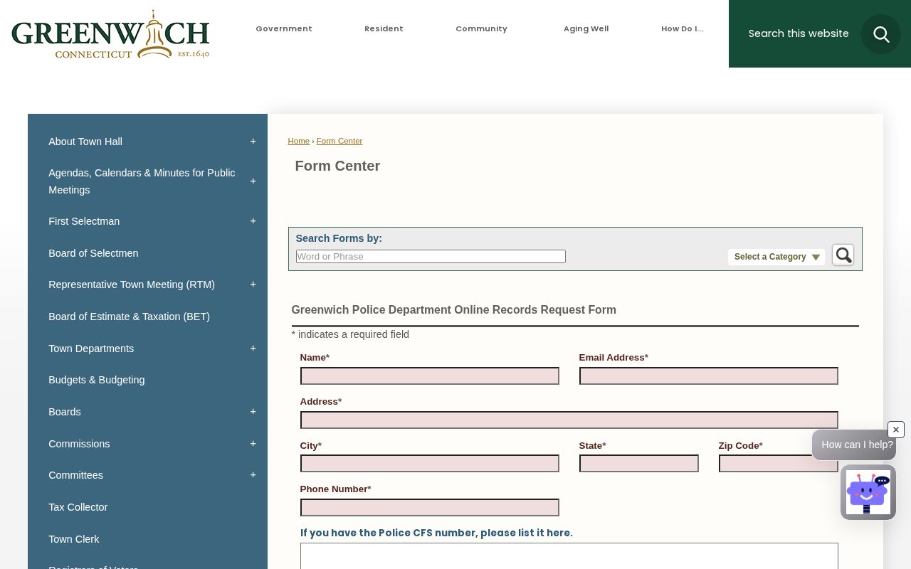 Town of Greenwich Police arrest record request form